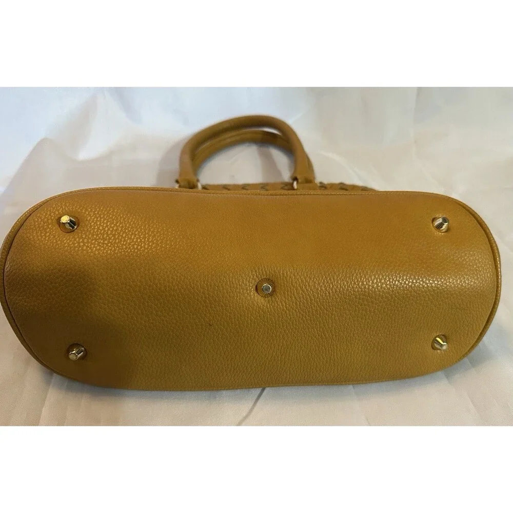 Neiman Marcus Woven Leather Satchel Tan Mustard Shoulder Bag Boho Chic